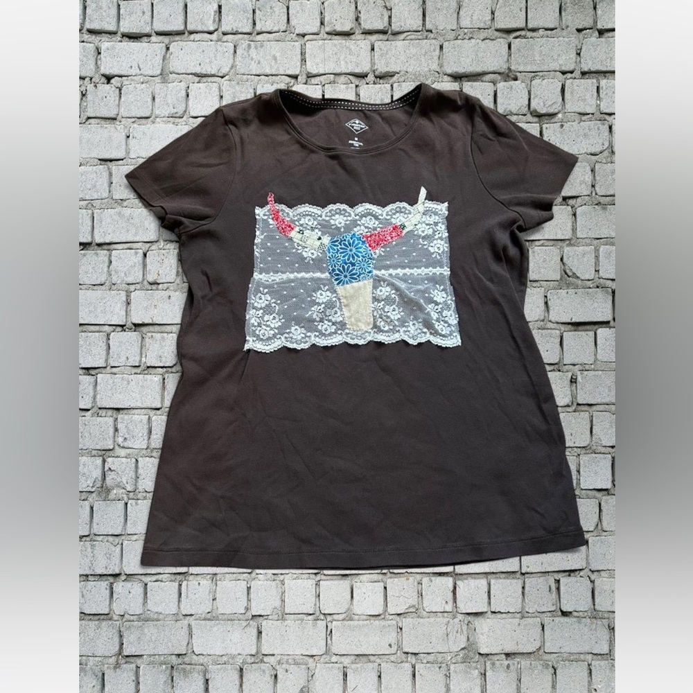 St. John’s bay women’s handmade medium patchwork bull skull lace brown tshirt